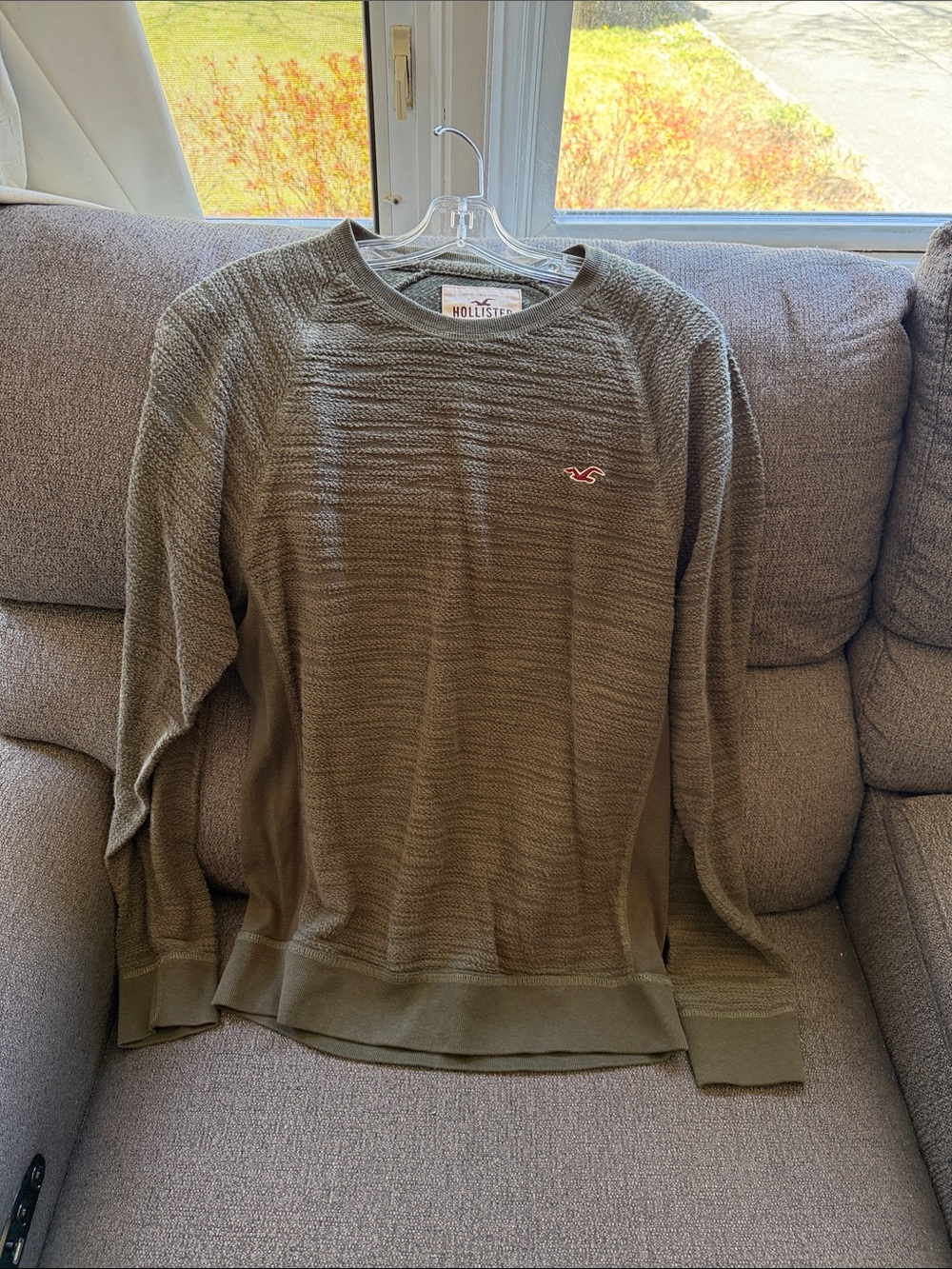 Hollister Men's Olive Crewneck Textured Knit Sweater